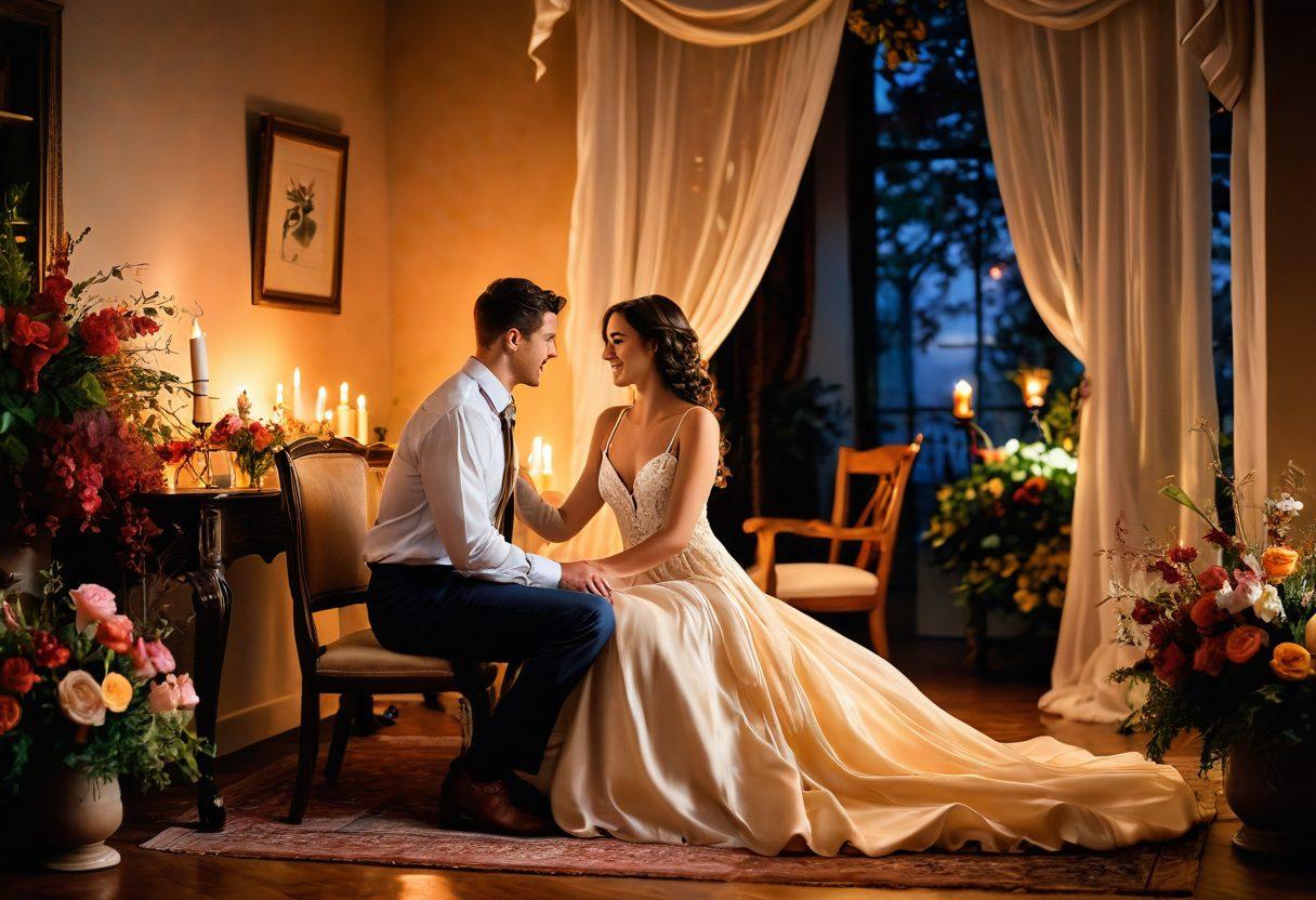 A romantic and enchanting scene depicting a couple engaged in playful courtship, surrounded by soft candlelight and lush floral arrangements. The couple showcases a mix of flirtation and intimacy, with playful gestures and longing glances. The background features delicate drapes and a cozy atmosphere, evoking warmth and passion. The color palette is rich and warm, enhancing the allure of sensuality. super-realistic. vibrant colors. soft focus.