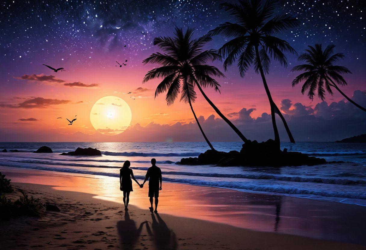 A romantic setting featuring a couple exploring a moonlit beach, their silhouettes illuminated by soft lanterns. Surrounded by tropical flora, the scene radiates warmth and intimacy, capturing the essence of courtship. In the background, gentle waves lap at the shore while stars twinkle above, creating a dreamy atmosphere. Emphasize feelings of connection and adventure. vibrant colors. super-realistic. soft focus.